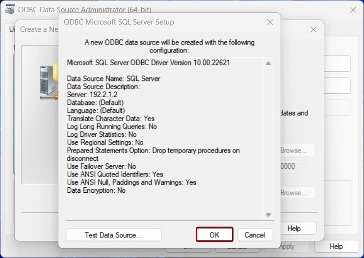ODBC Microsoft SQL Server Setup Summary ODBC Microsoft SQL Server Setup Summary