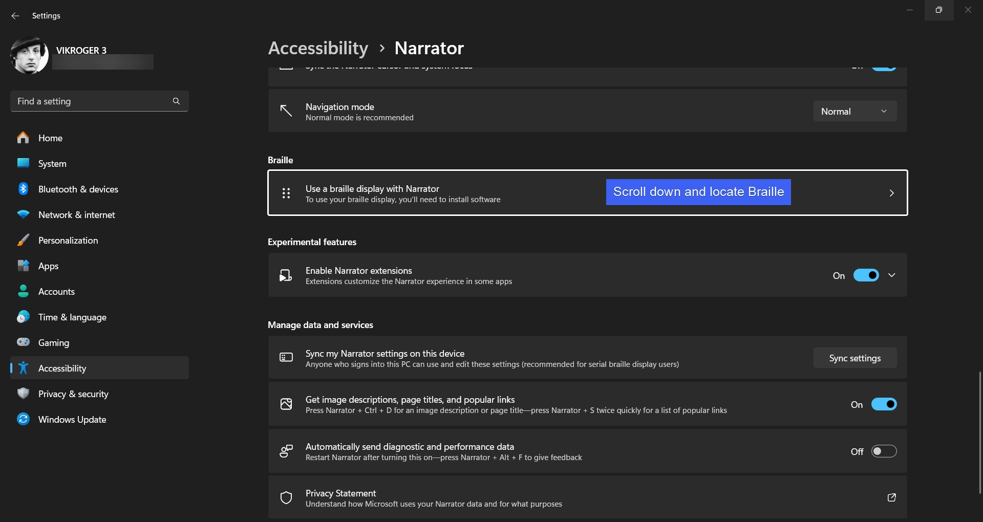 Scroll down and locate braille Scroll down and locate braille