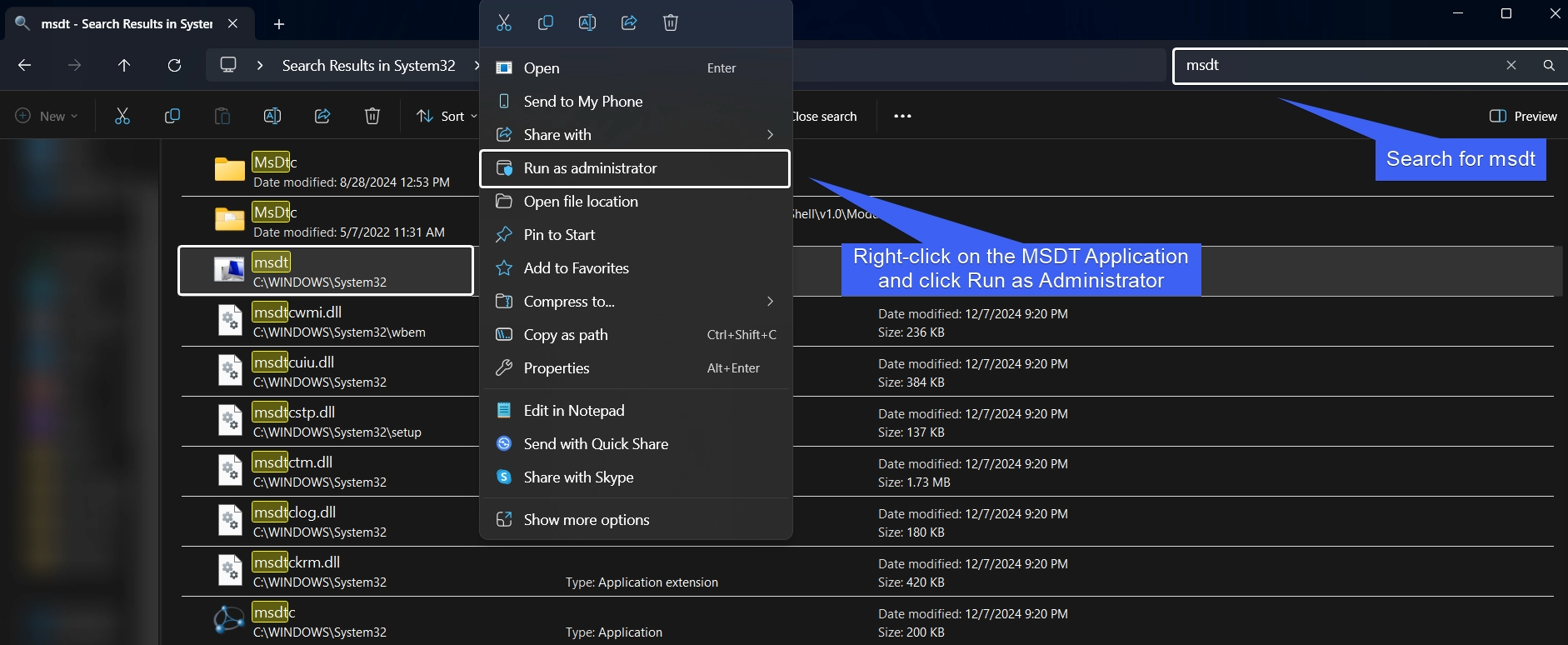 Search for msdt and open it as Admin on Windows 11 Search for msdt and open it as Admin on Windows 11