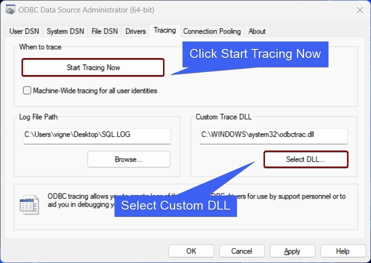 Tracing tab in the ODBC Data Sources Tracing tab in the ODBC Data Sources