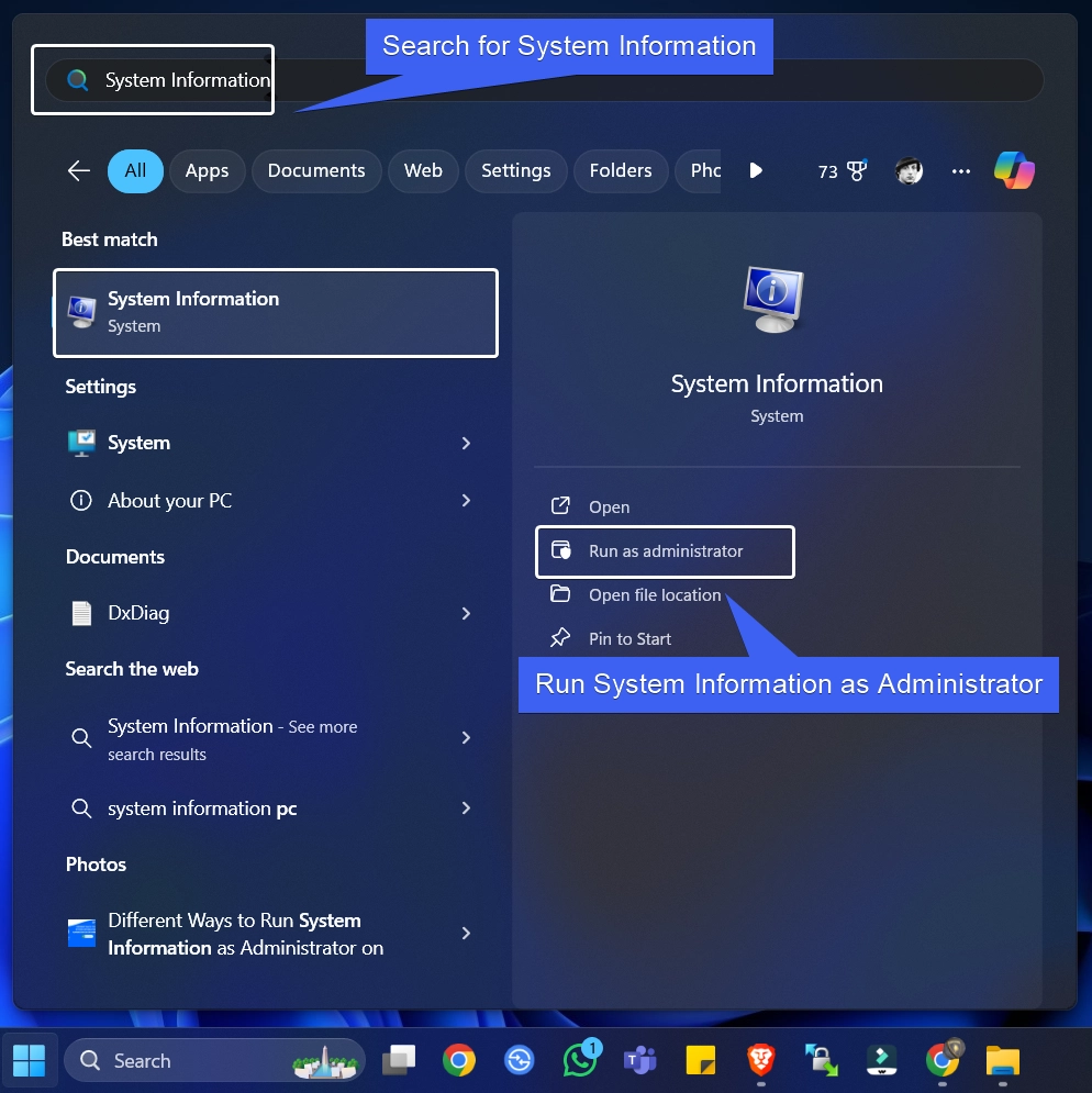 open System Information as Admin using the Start menu open System Information as Admin using the Start menu