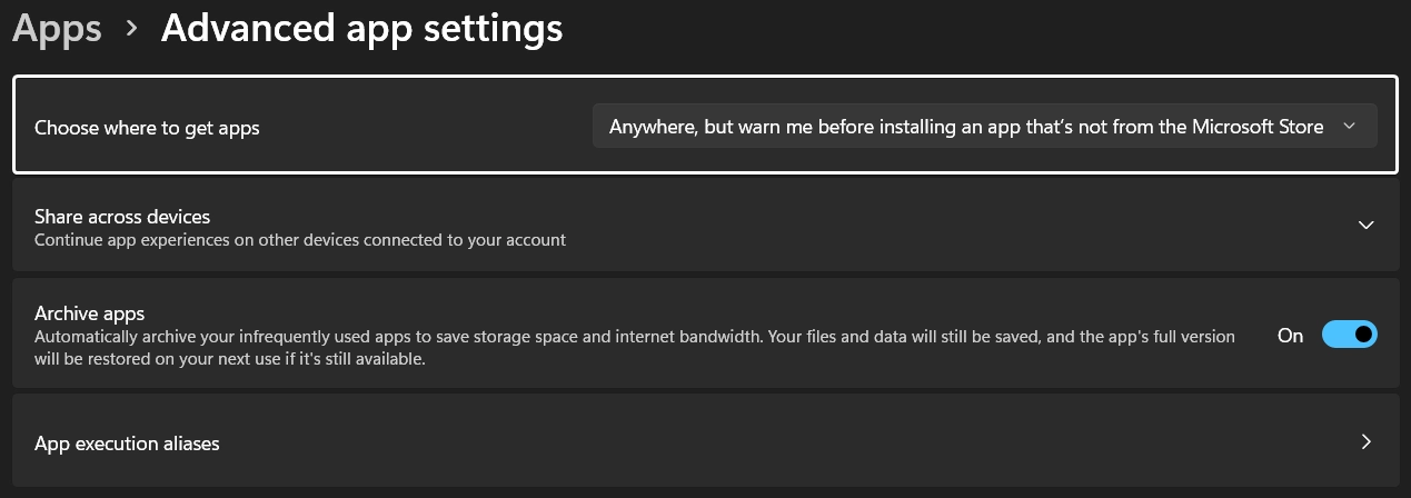 Anywhere, but warn me before installing an app that's not from the Microsoft Store Anywhere, but warn me before installing an app that's not from the Microsoft Store