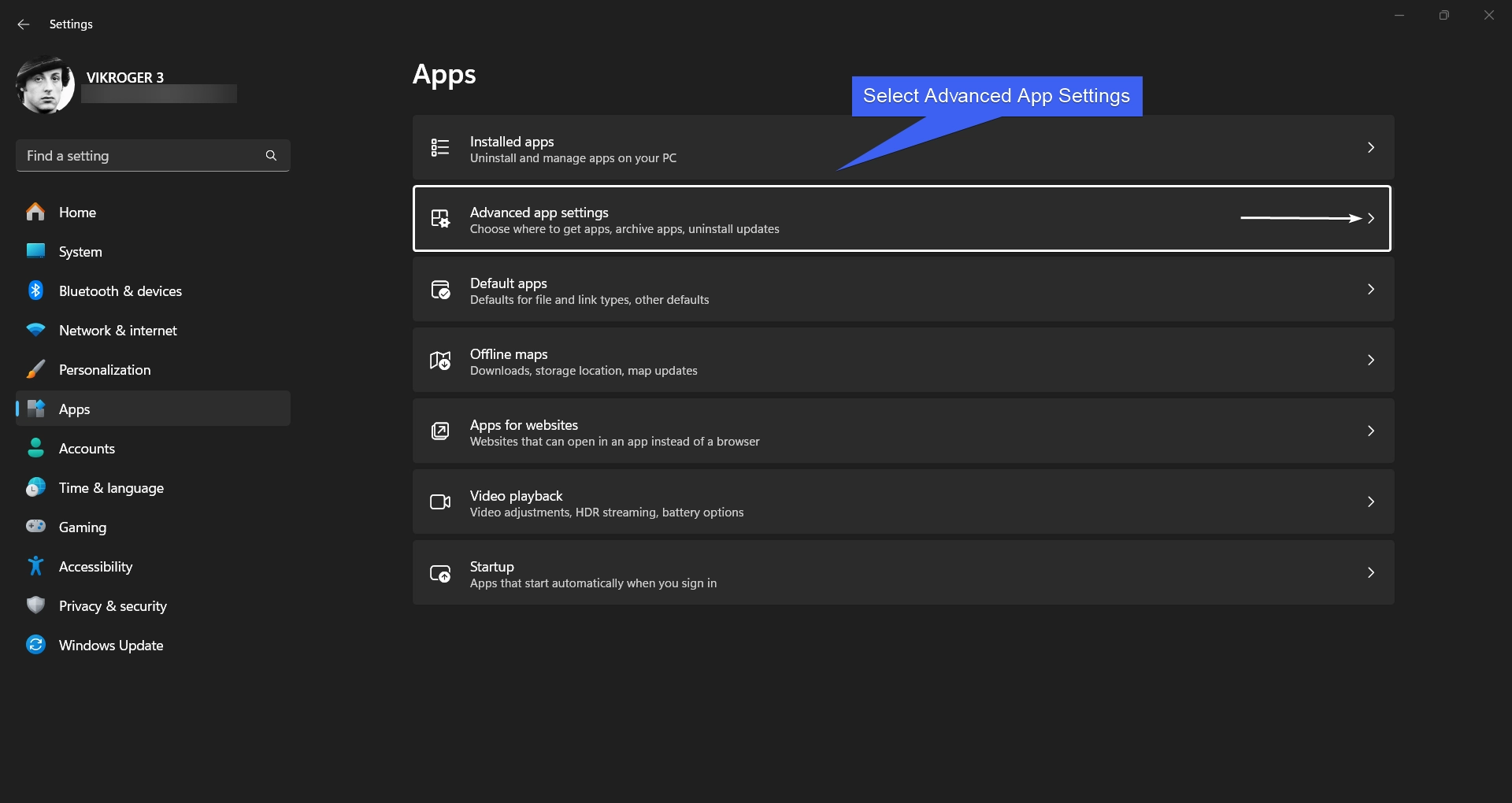 Select Advanced App Settings Select Advanced App Settings
