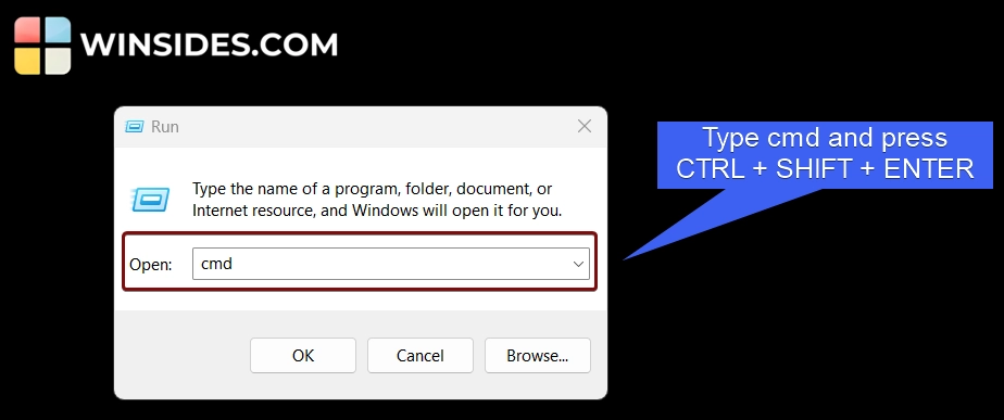 Type cmd and press ctrl + shift + enter Type cmd and press ctrl + shift + enter