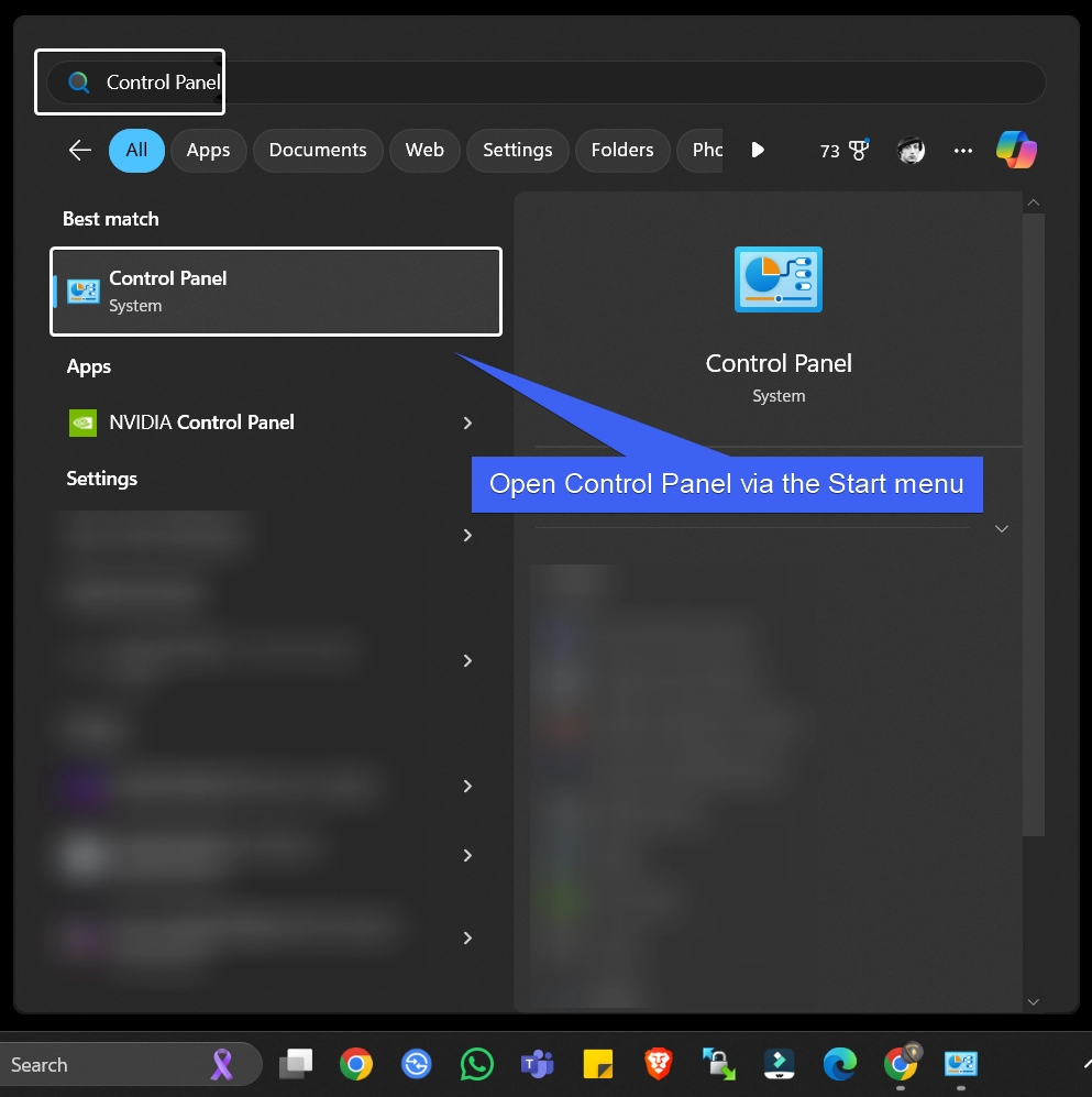 Open Control Panel via the Start menu Open Control Panel via the Start menu