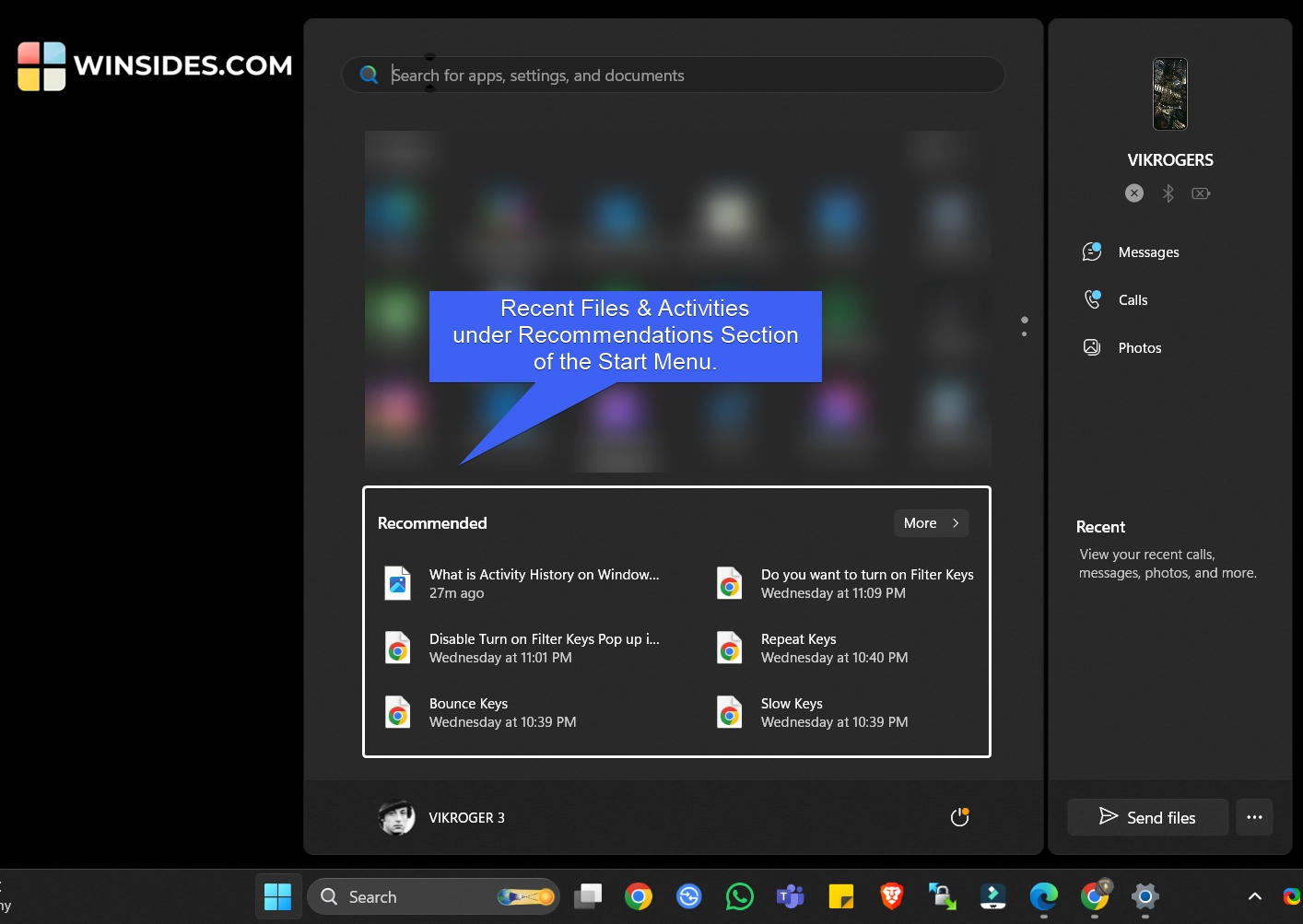 Recommendations section under the Start menu Recommendations section under the Start menu