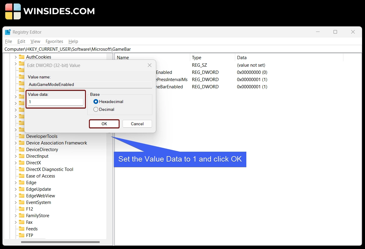 Set the DWORD Value Data to 1 Set the DWORD Value Data to 1