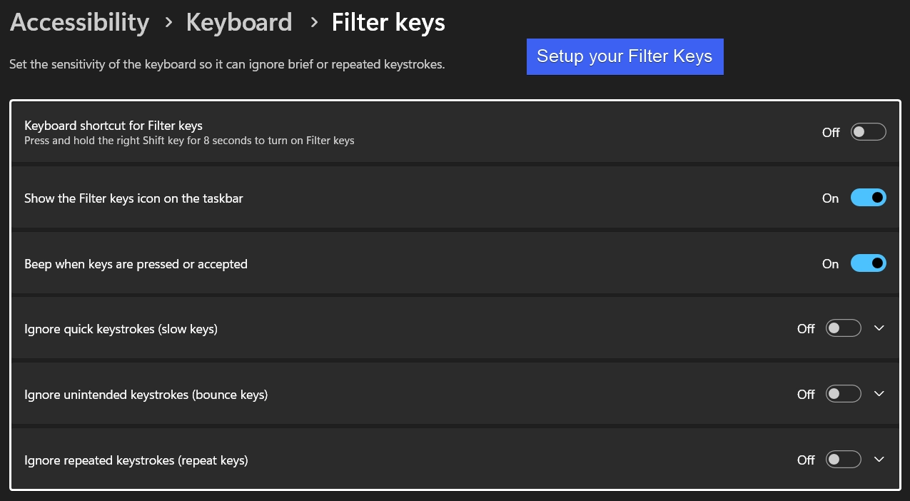 Setup your Filter Keys via the Windows Settings Setup your Filter Keys via the Windows Settings