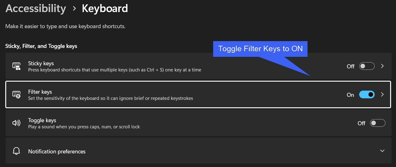 Toggle Filter Keys to ON Toggle Filter Keys to ON
