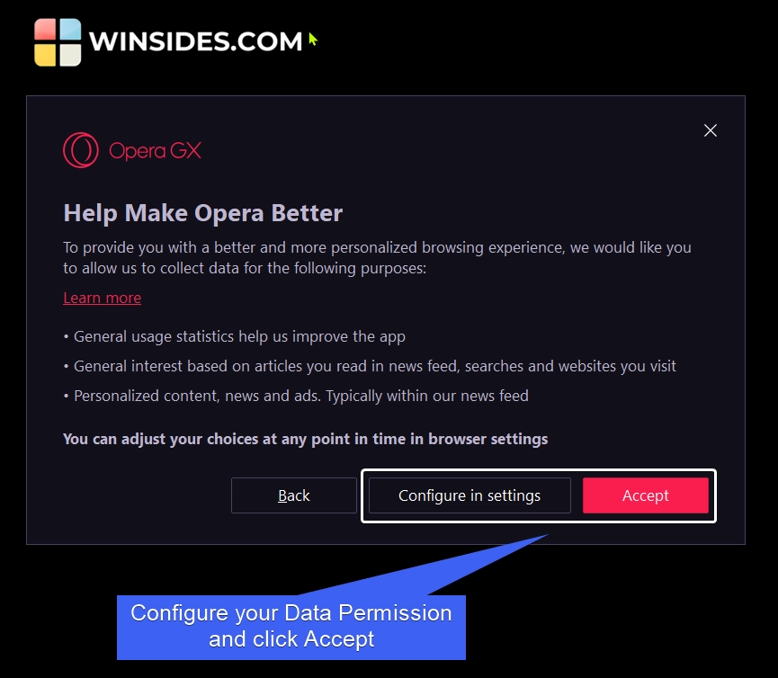 Configure your Data Settings and click Accept Configure your Data Settings and click Accept