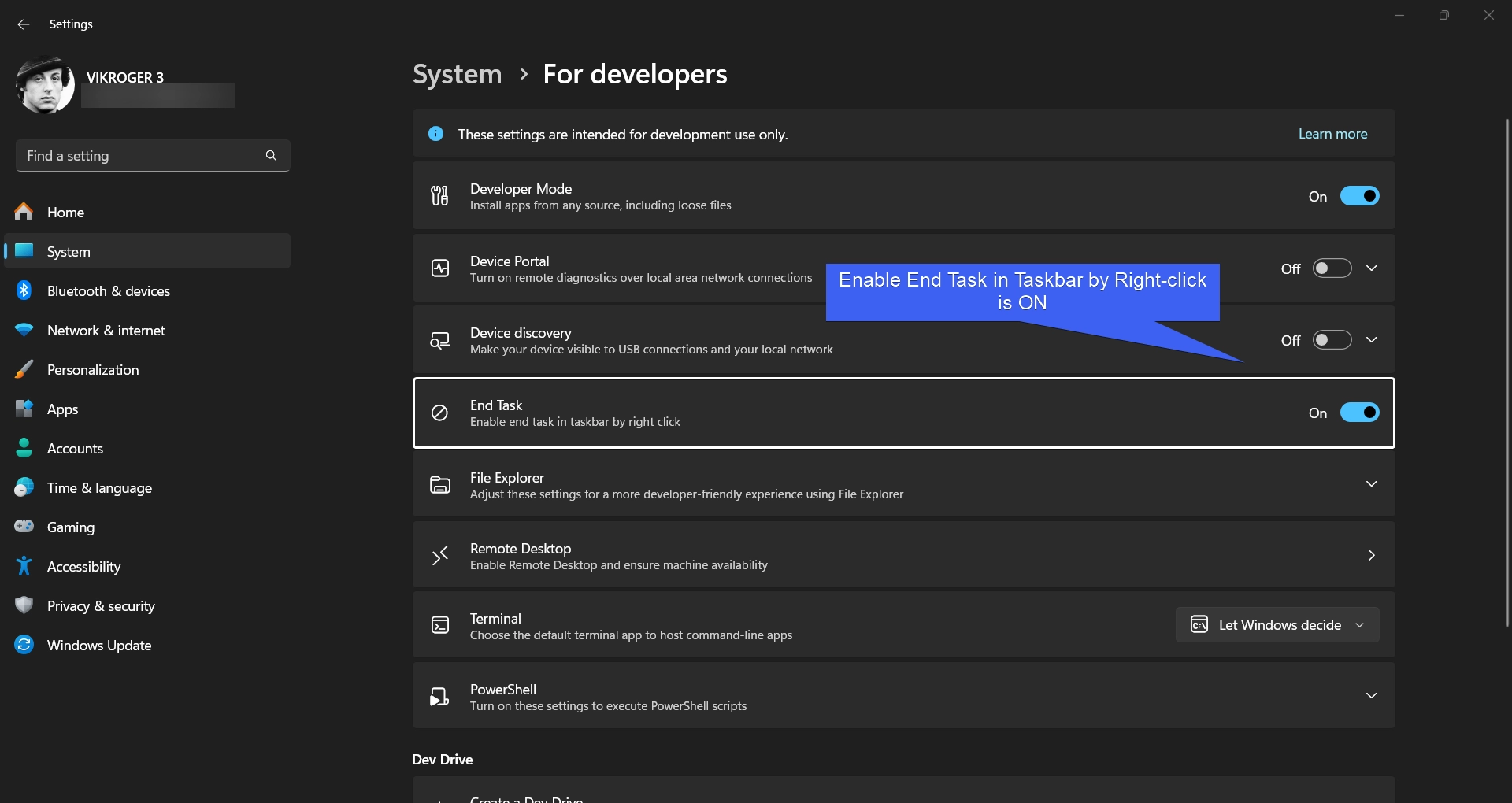 Enable End Task in Taskbar by Right-click is ON Enable End Task in Taskbar by Right-click is ON