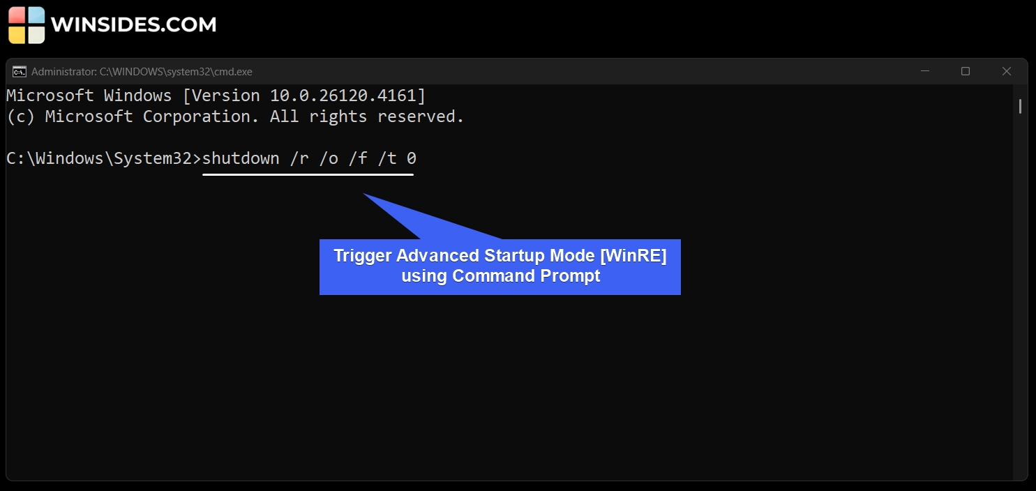 Open Advanced Startup WinRE Mode using Command Prompt Open Advanced Startup WinRE Mode using Command Prompt
