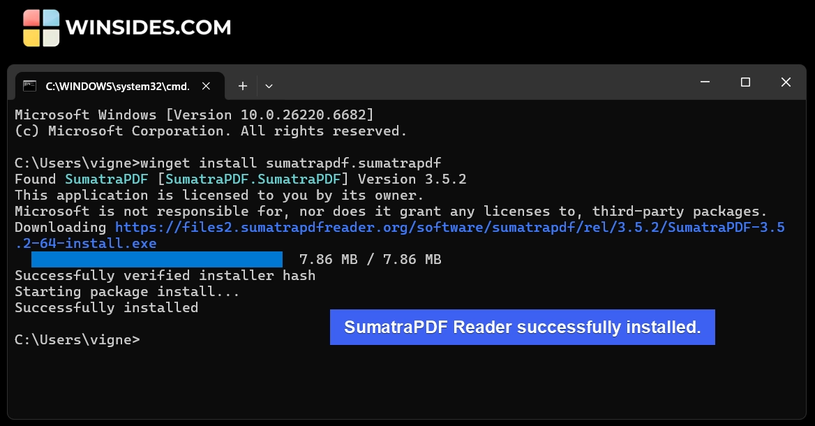 Complete WinGet Commands List for Windows 11 4 SumatraPDF Successfully installed on your Windows 11