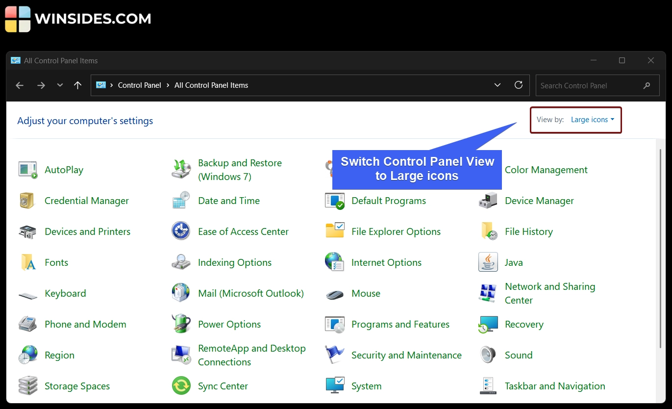 How to Enable File History on Windows 11? 1 Switch Control Panel view to Large icons