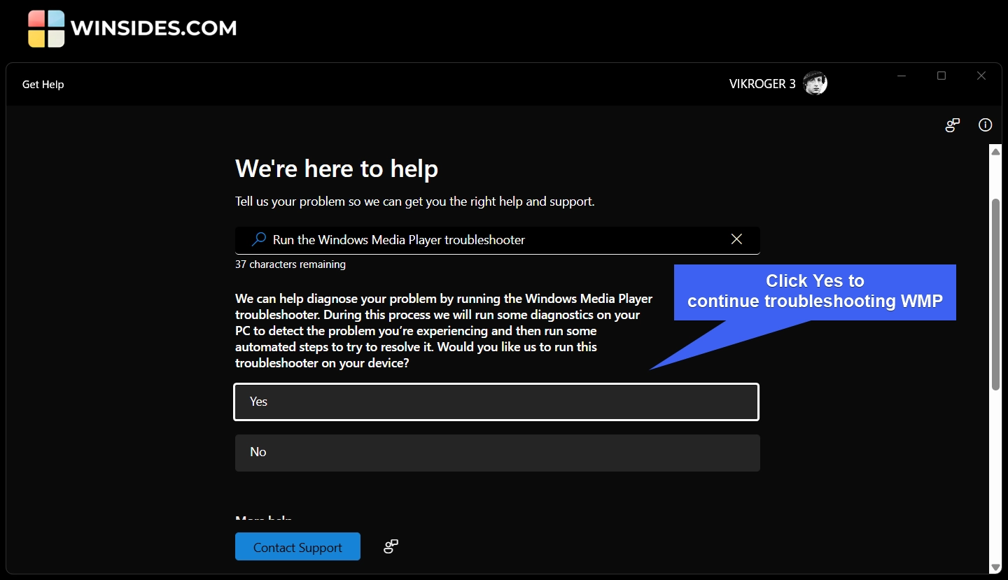 Click Yes to run WMP Troubleshooter Click Yes to run WMP Troubleshooter