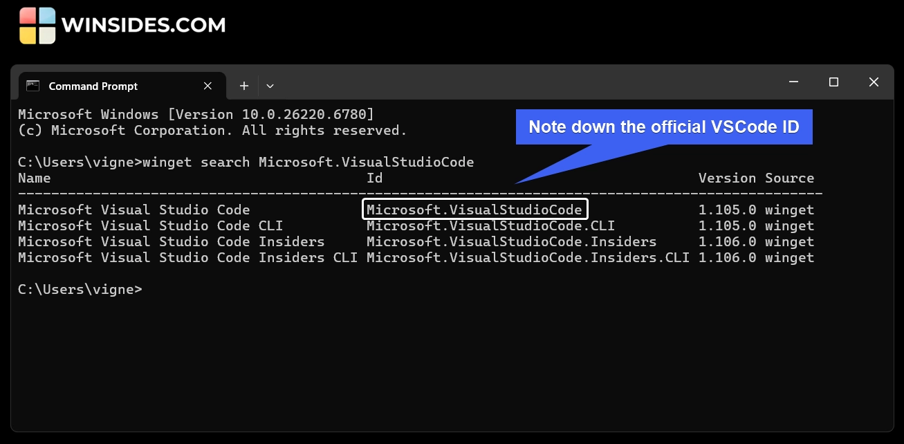Note down the official VSCode ID Note down the official VSCode ID