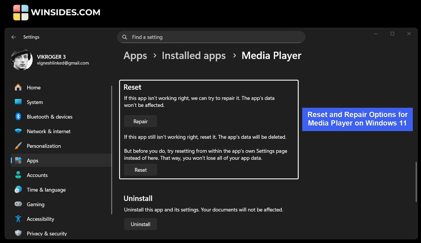 Reset and Repair options for Media Player on Windows 11 Reset and Repair options for Media Player on Windows 11