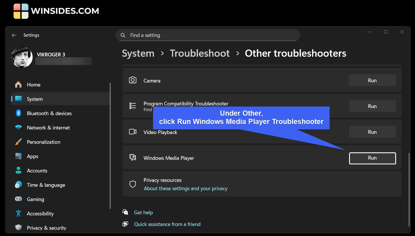 Run Windows Media Player Troubleshooter Run Windows Media Player Troubleshooter