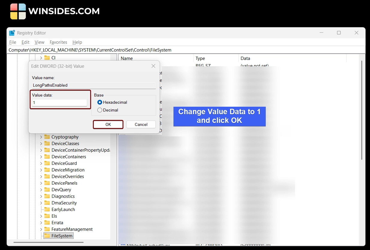 Change Value Data to 1 and click OK Change Value Data to 1 and click OK