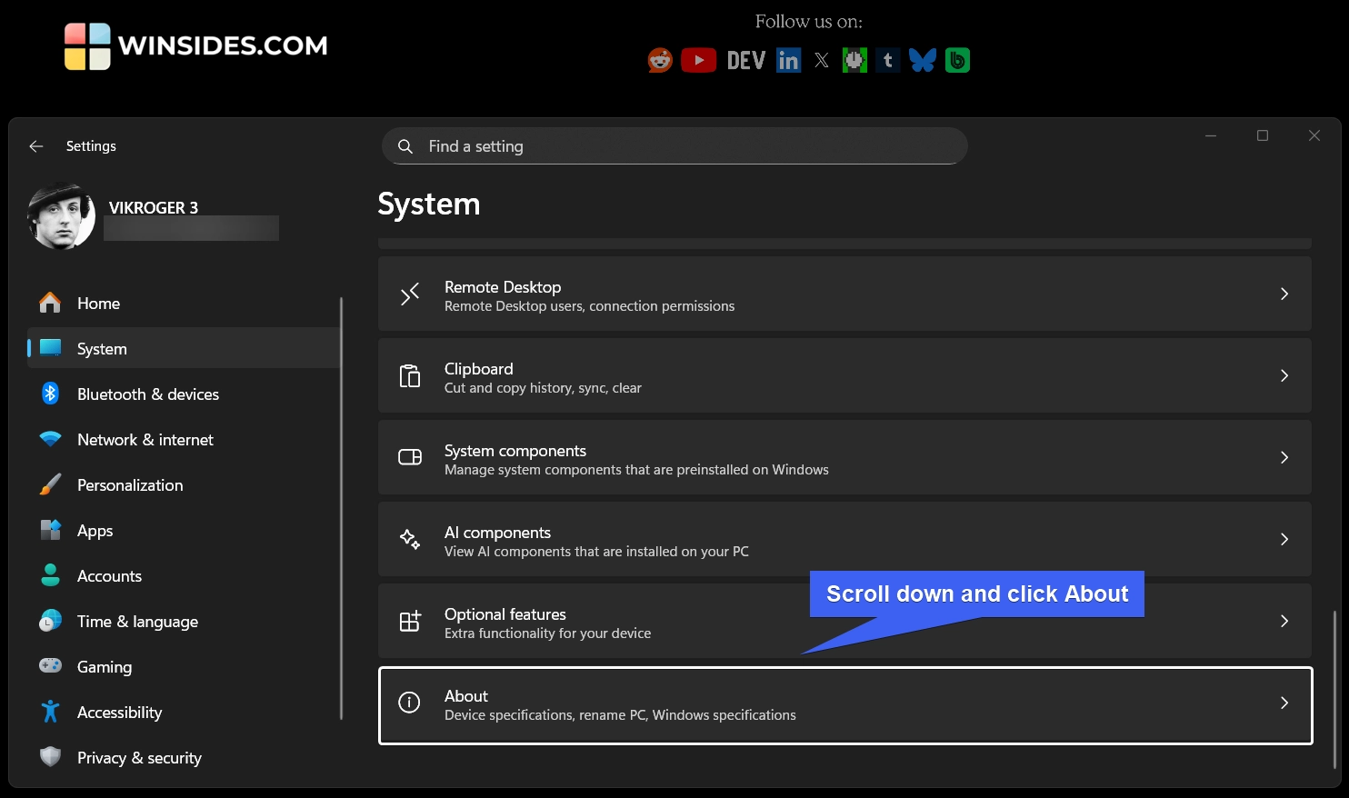 Click on About of System Settings Click on About of System Settings