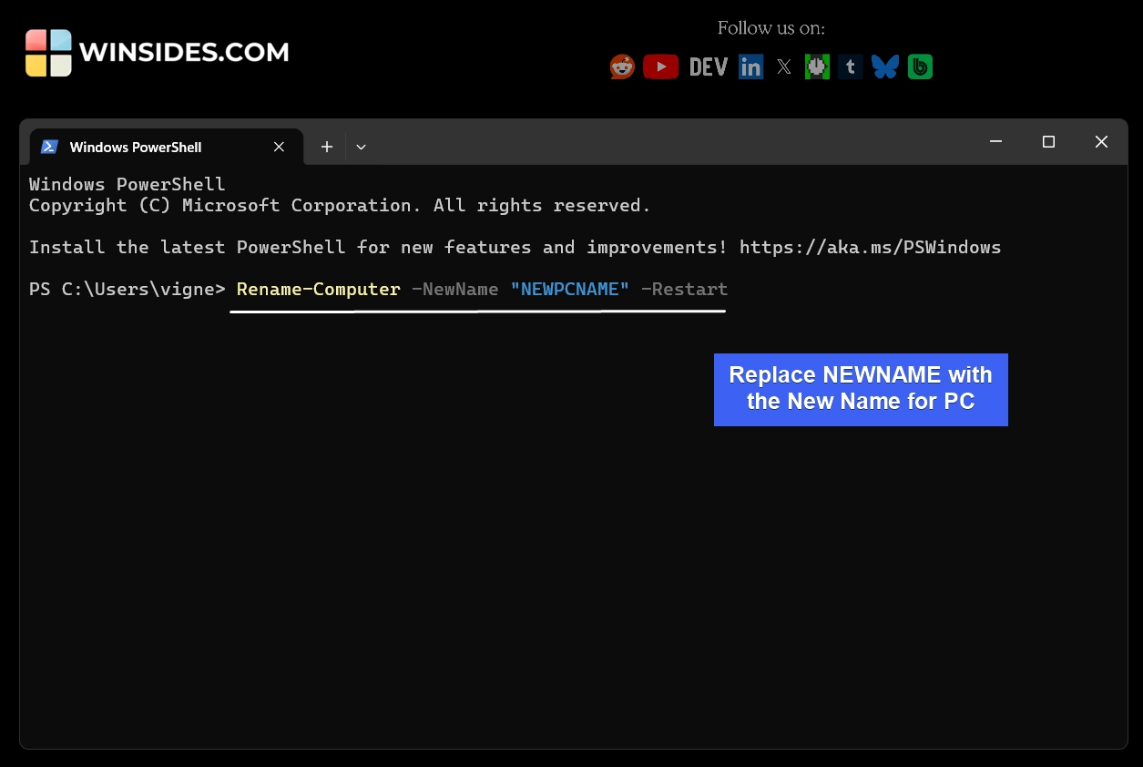 PowerShell Command to rename Windows 11 PC PowerShell Command to rename Windows 11 PC