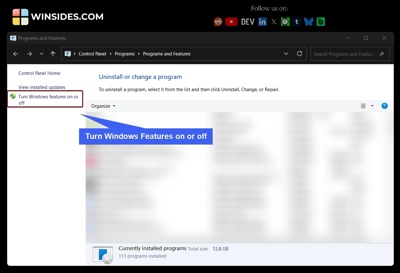 Turn Windows Features on of off